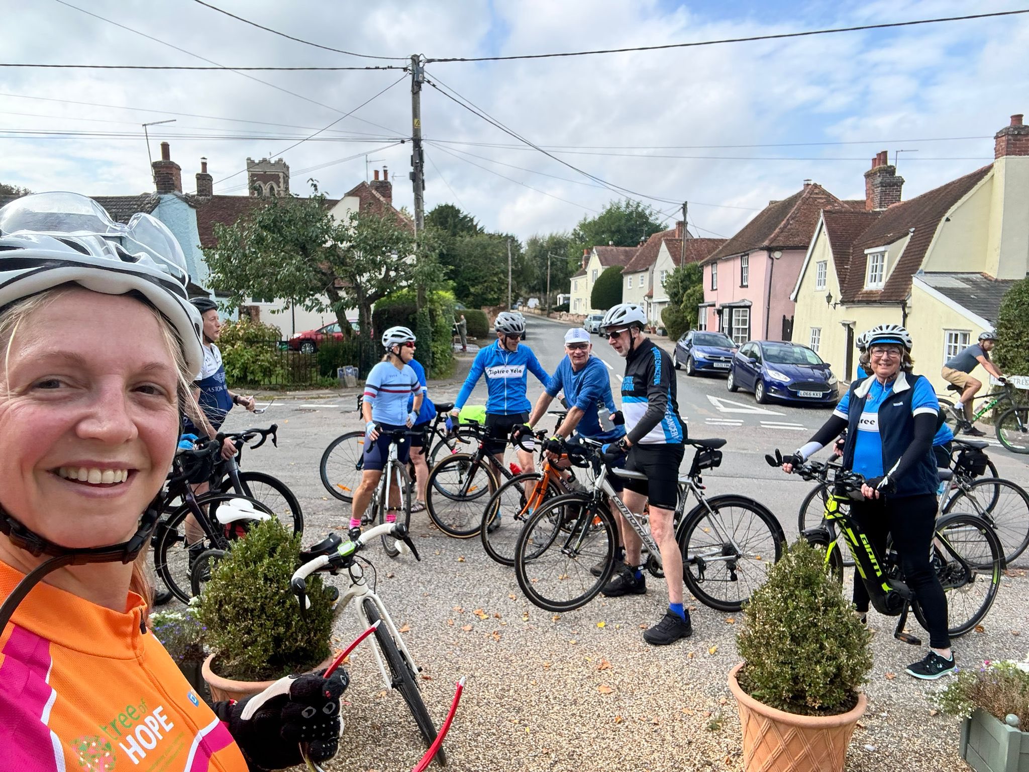 A selfie showing a group of Tiptree Velo cyclists in Messing.